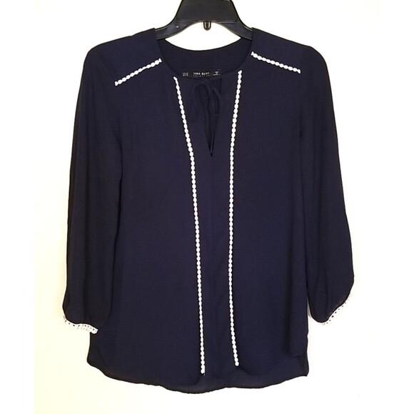 Zara Basics Top Womens XS Navy Blue  3/4 Sleeve Tie blouse White Trim.       T18 - Picture 1 of 5